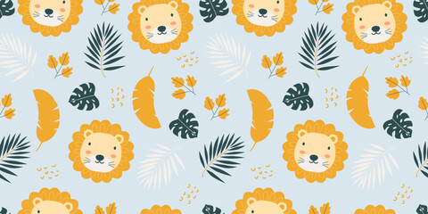 Soft Safari Lion Seamless Pattern on Blue Background