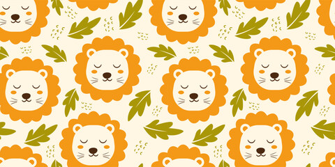 Lion and Jungle Leaves Seamless Pattern Design