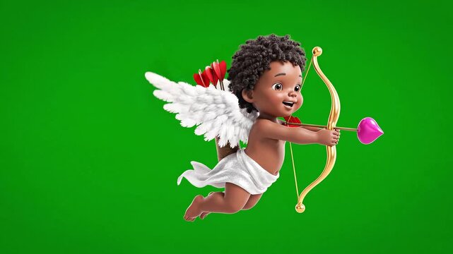 Cute flying cupid angel with curly hair shooting heart arrow isolated on green screen, Valentine love concept, adorable 3D cartoon cherub for chroma key VFX compositing