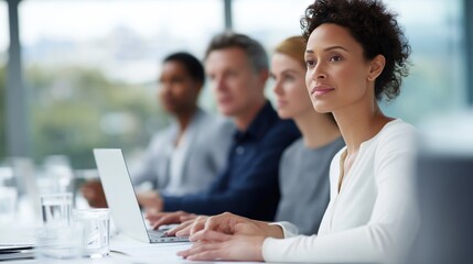 Naklejka premium Business woman working on laptop during meeting in modern office 