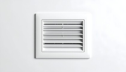 A white square ventilation cover with horizontal slats mounted on a plain, white wall