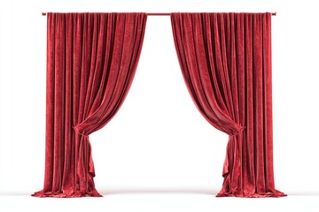Lush red velvet stage curtains, open, against a white background