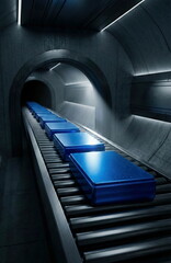 Fototapeta premium Futuristic blue data blocks move efficiently on an automated industrial conveyor belt inside a sleek, dark tunnel, symbolizing technology and progress.