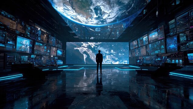 Lone figure stands in a high-tech control room, global map displays