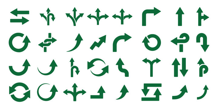 Road traffic direction arrows flat set. You-turn, left, right, two way, three way transportation direction arrow symbol. decision icon vector Trafic way icon
