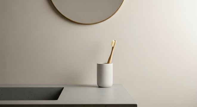 A modern bathroom sink with a toothbrush in a white cup and a round mirror on the wall