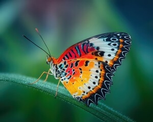 Macro photograph of a vividly colored Lacewing butterfly perched on a dew-kissed green leaf with intricate wing patterns and a soft bokeh background in natural morning light
