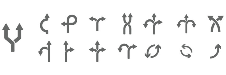 
Navigation direction arrows icon set collection with multiple path choices, decision making and road fork symbols in blue and gray isolated on white background vector.