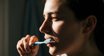 Obraz premium A man brushing his teeth with a blue toothbrush in a dark room