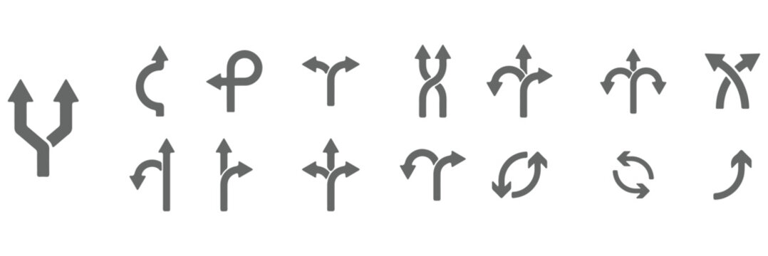 
Navigation direction arrows icon set collection with multiple path choices, decision making and road fork symbols in blue and gray isolated on white background vector.