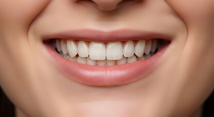 Obraz premium A close-up of a woman's face showing her bright smile with white teeth