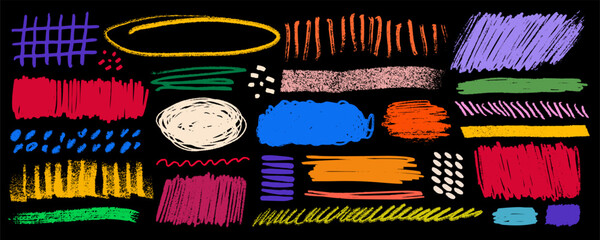 Fototapeta premium Crayon highlight strokes and scribble shapes in bright red, blue, yellow, green, orange on black background. Crayon highlight elements with pencil texture. For posters and presentation slides