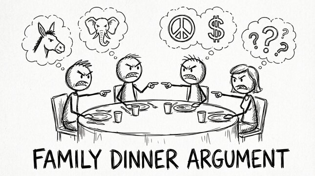 "Cartoon family dinner argument with political symbols."