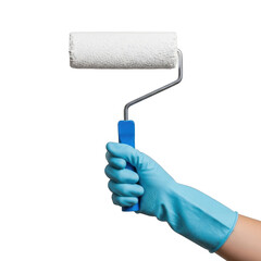 A person wearing blue gloves holding a paint roller with blue paint. isolated on transparent background