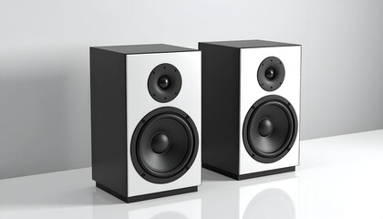 Fototapeta premium Two modern speakers with black and white design on a reflective surface, gray background
