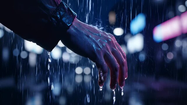 Hand reaching down in the rain on a city street at night.
