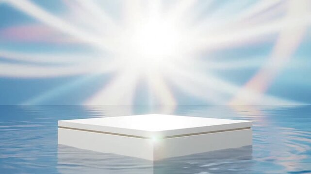 A clean white podium floats on rippling water with a bright, abstract background