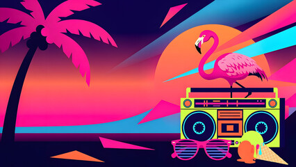 Obraz premium Retro 90s Neon Summer Tropical Beach Party Illustration