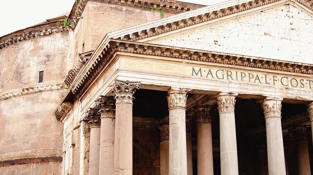 Close up of the massive Corinthian columns and inscription at the Pantheon in Rome