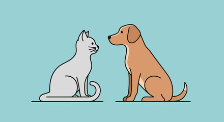 Fototapeta premium Dog and cat facing each other on light blue background illustration