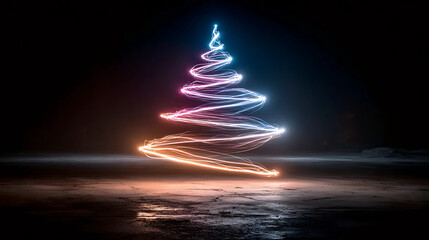 Neon Light Trail Christmas Tree Spiral on Reflective Water Surface | Futuristic Glowing Holiday Tree Formed by Colorful Light Streaks at Night