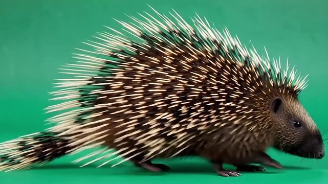 A detailed porcupine with sharp quills walks cautiously against a vibrant green background.