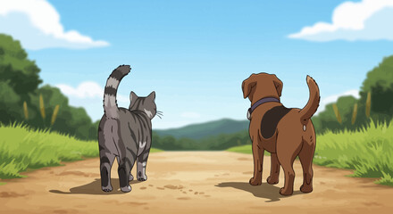 Naklejka premium Dog and cat walking together on a sunny day in a natural setting