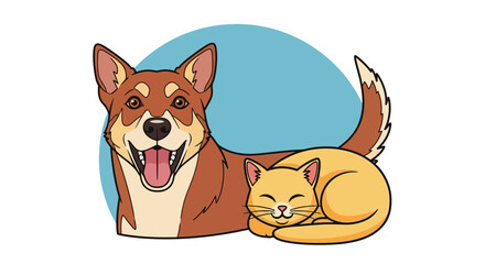 Fototapeta premium Dog and cat illustration with smiling faces and a blue background