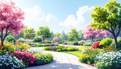 Fototapeta premium Lush Flower Garden with Pink Trees and Blue Sky in Sunny Day
