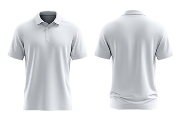 Front & back view of a white polo shirt, isolated on a white background