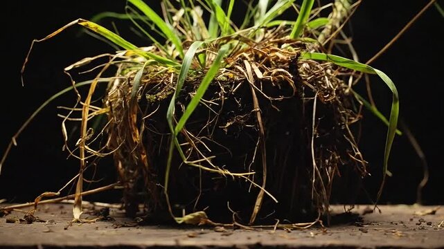 A clump of grass with its extensive root system exposed on a dark surface