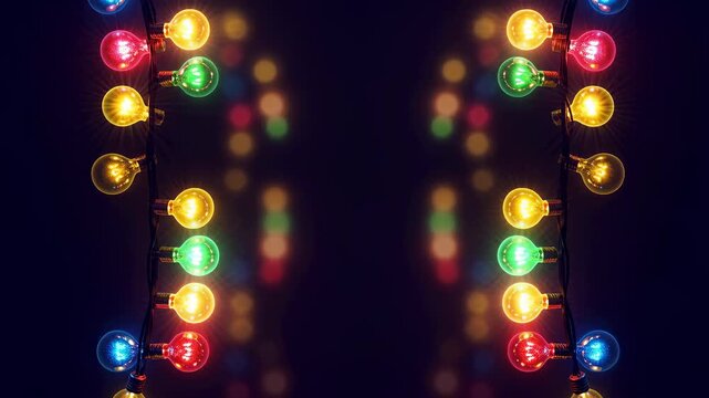 Colorful string lights glowing against a dark background. Ideal for festive celebrations, events, and creating a cheerful atmosphere
