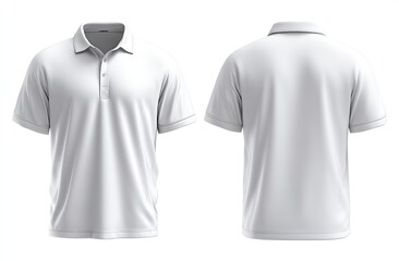 A front and back view of a plain white collared polo shirt, isolated on white