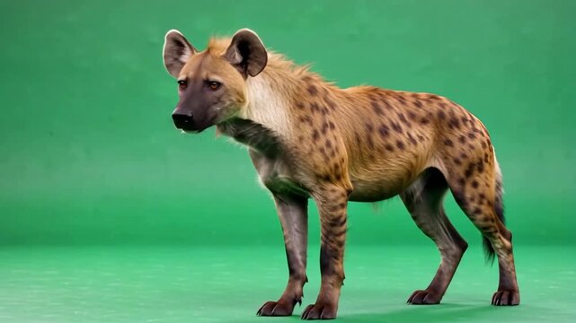 A spotted hyena stands alert against a vibrant green background, showcasing its distinct markings and powerful build.
