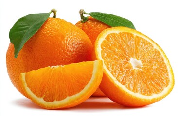 Close-up of ripe oranges; one sliced, showcasing juicy pulp, with green leaves on stems