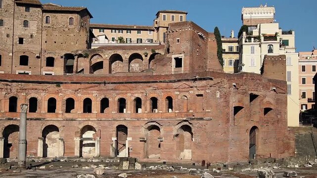 Semicircular facade of Trajan's Market and House of the Knights of Rhodes and Forum of Augustus in Rome, Italy