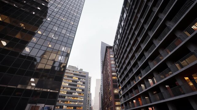 dramatic narrow alley perspective with mirrored skyscrapers, lit office windows and stark geometry, symmetry lines and reflective facades create contemplative