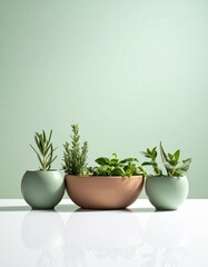 Fototapeta premium Variety of Green Herbs Arranged in Earth Tone Pots Against Light Green Backdrop
