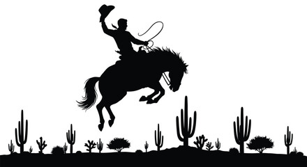 Cowboy on bucking horse with desert landscape a striking silhouette © Taylor