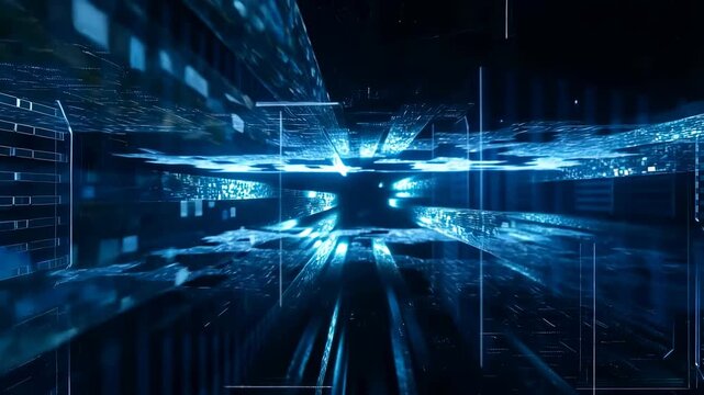 Futuristic digital tunnel with glowing blue lines and data streams. Represents advanced technology, virtual reality, and digital transformation
