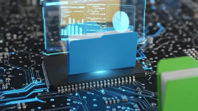 Colorful digital folders arranged on a complex electronic circuit board with data visualization