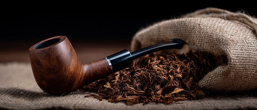 Classic wooden pipe with black bowl on brown sackcloth next to loose oakum and tobacco leaves in a burlap backdrop for still life scene