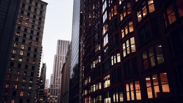 evening narrow corridor lit by windows, warm interior glow and vintage brick facades, deep perspective with distant skyline and soft blue sky, slow paced calm