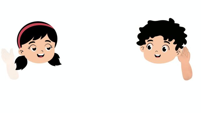 Educational cartoon motion of little boy and girl pointing to their ears to learn English vocabulary, cute kids body parts flashcard for preschool and kindergarten