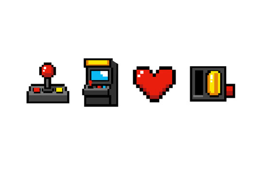 Pixel art gaming icons set featuring joystick controller, arcade cabinet machine, heart life symbol, and coin slot token indicator on white background