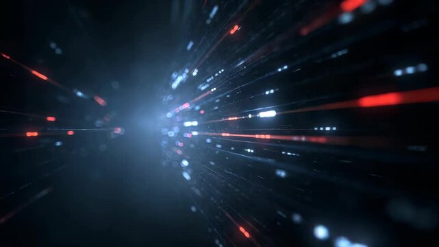 Light streaks elongate as transmission speed intensifies, creating futuristic, dynamic, and energetic digital background with glowing blue and red lines, evoking sense of rapid data flow