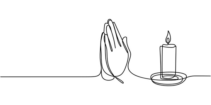Continuous single one line drawing of Two Hands Pressed Together in Prayer Position and candle. Pray for peace. Action for Prayer, Young woman holding candle, close-up of hands, Two hands holding one