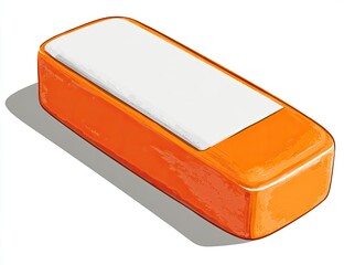 Orange rectangular object with a white top, casting a shadow on a white background