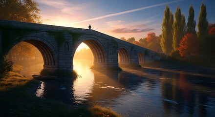 Stone bridge over river with sunset light landscape scene