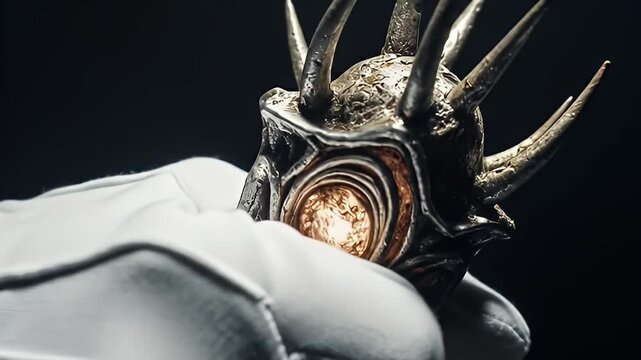 Gloved hand holding ornate spiked metal object with glowing center against dark backdrop